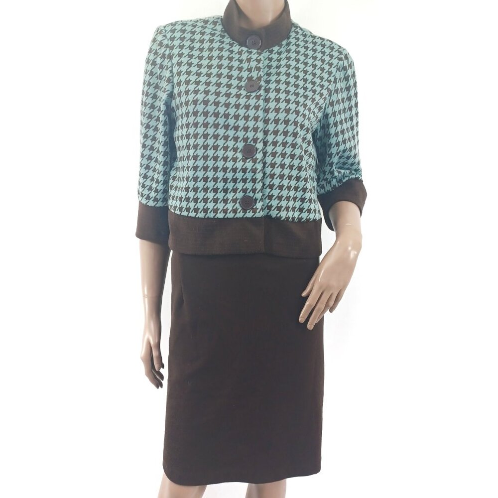 MADISON LEIGH Dress Suit Houndstooth Crop Jacket Sheath Dress Stretch Knit 12